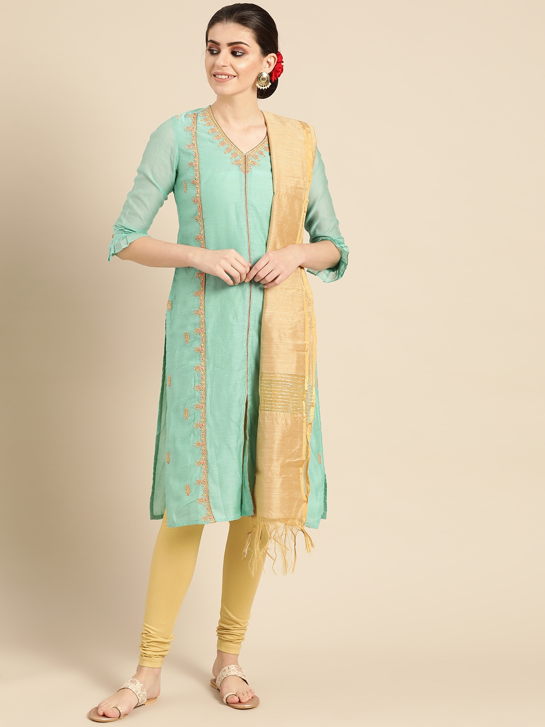 

IMARA Women Blue & Golden Embroidered Kurta with Churidar & Dupatta