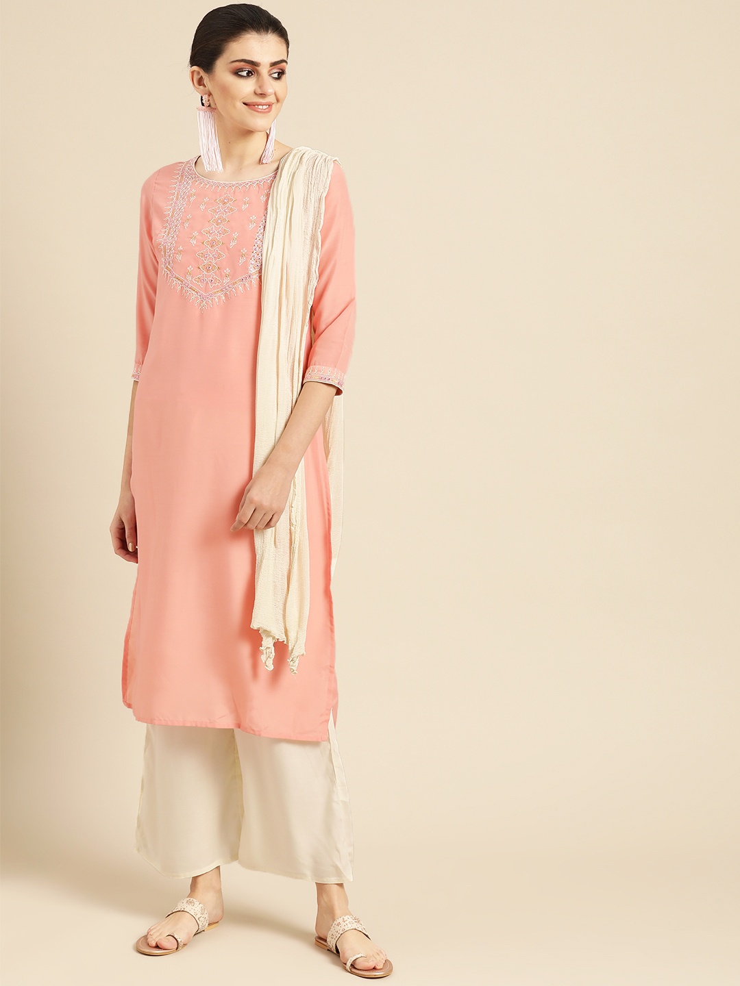 

IMARA Women Pink & Off-White Yoke Design Kurta with Palazzos & Dupatta