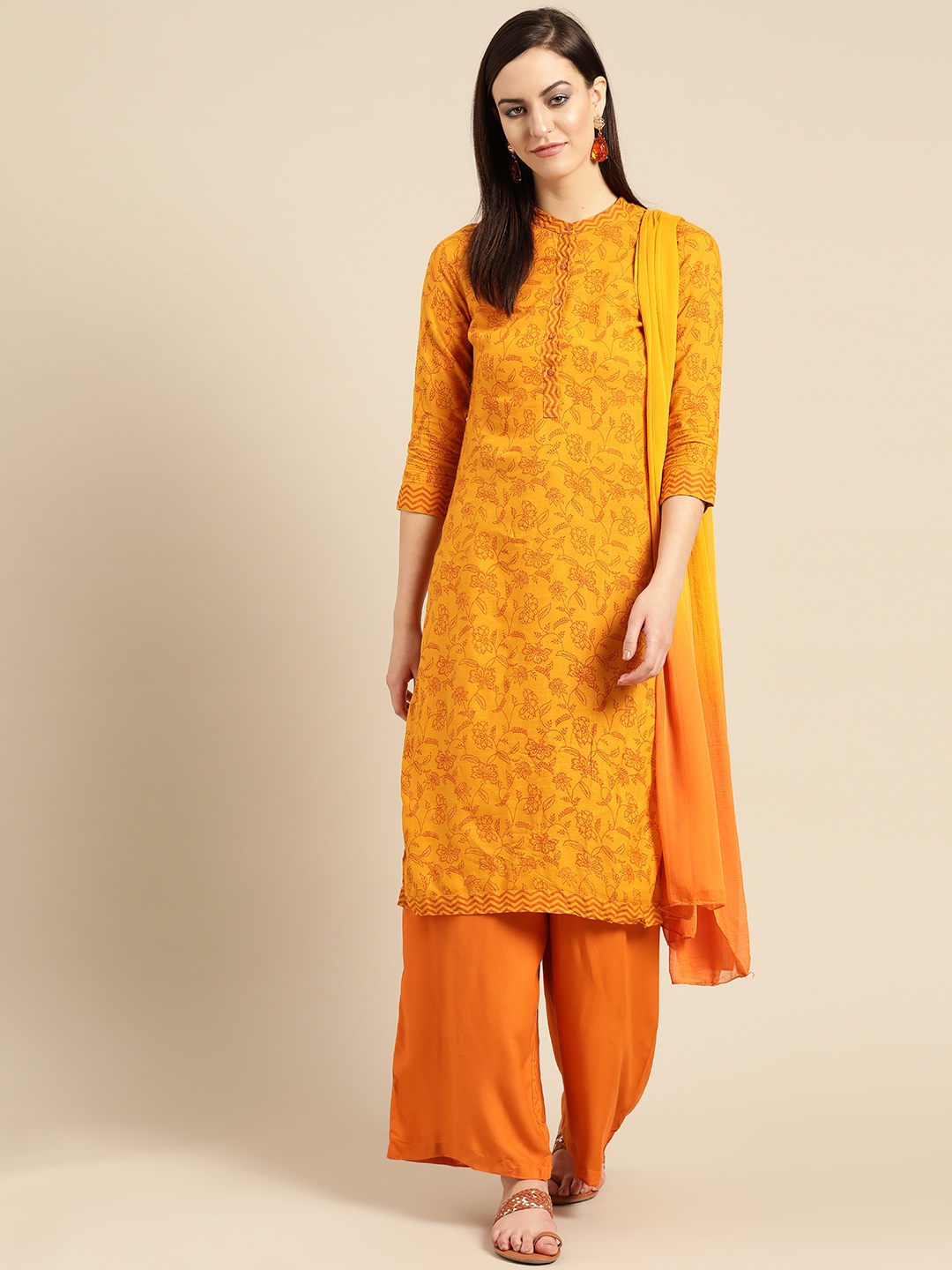 

IMARA Women Mustard Yellow & Orange Printed Kurta with Palazzos & Dupatta