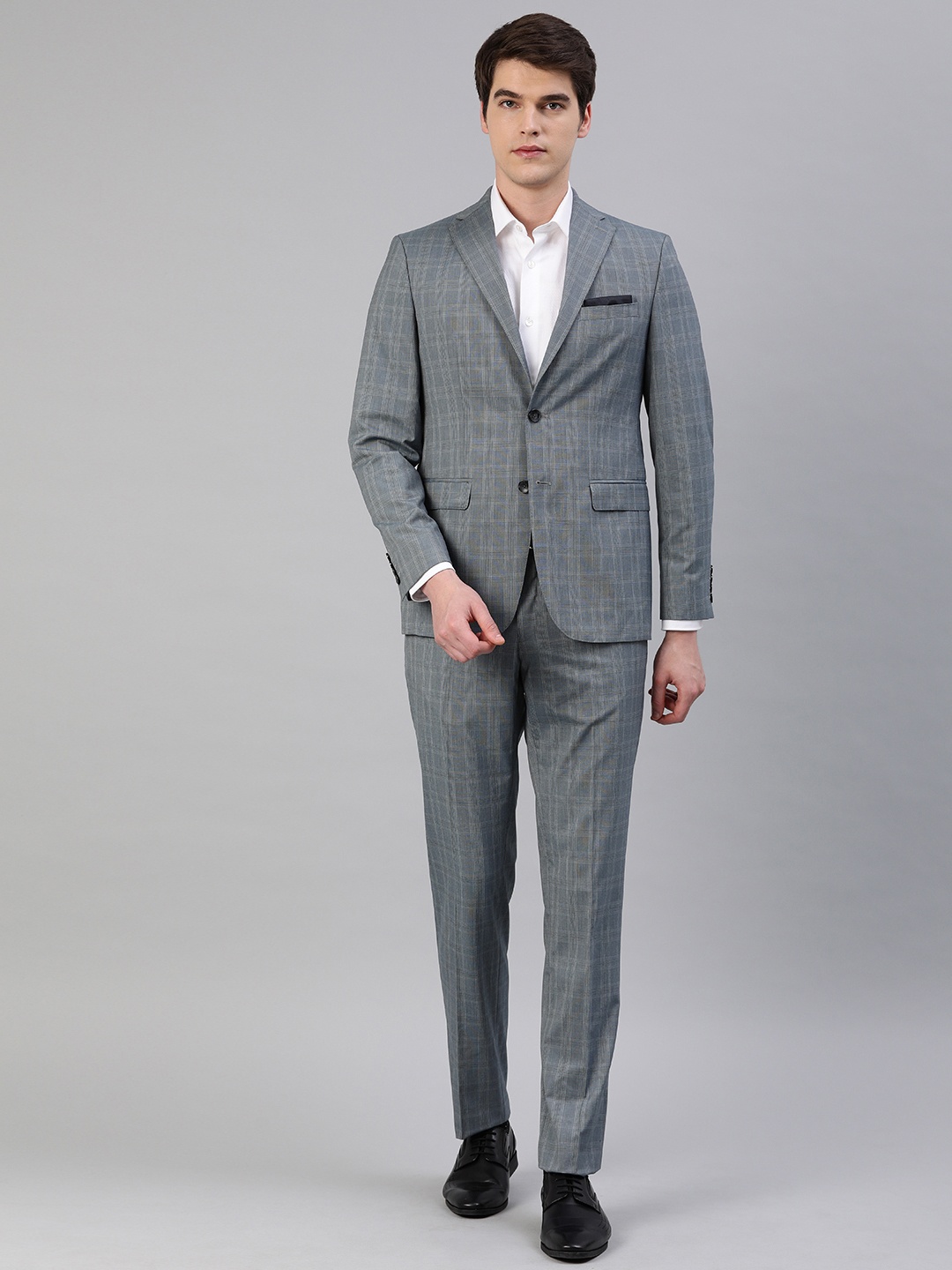 

Peter England Men Grey Self Checked Single-Breasted Neo Slim Fit Formal Suit