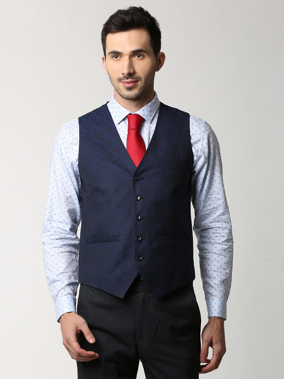 Peter England Men Navy Blue & Black Printed Waistcoat