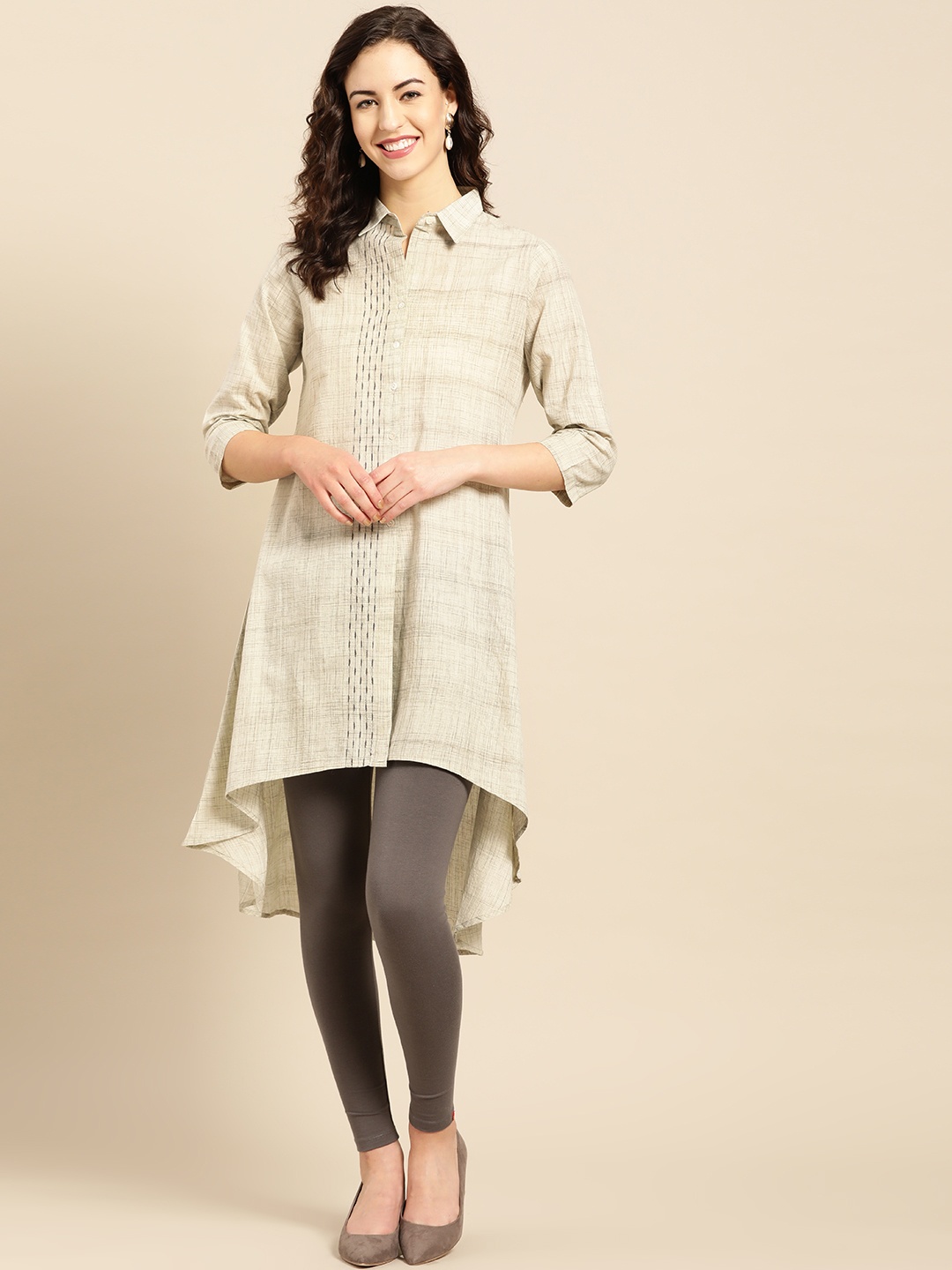

IMARA Women Beige & Charcoal Grey Woven Design High Low A-Line Kurta