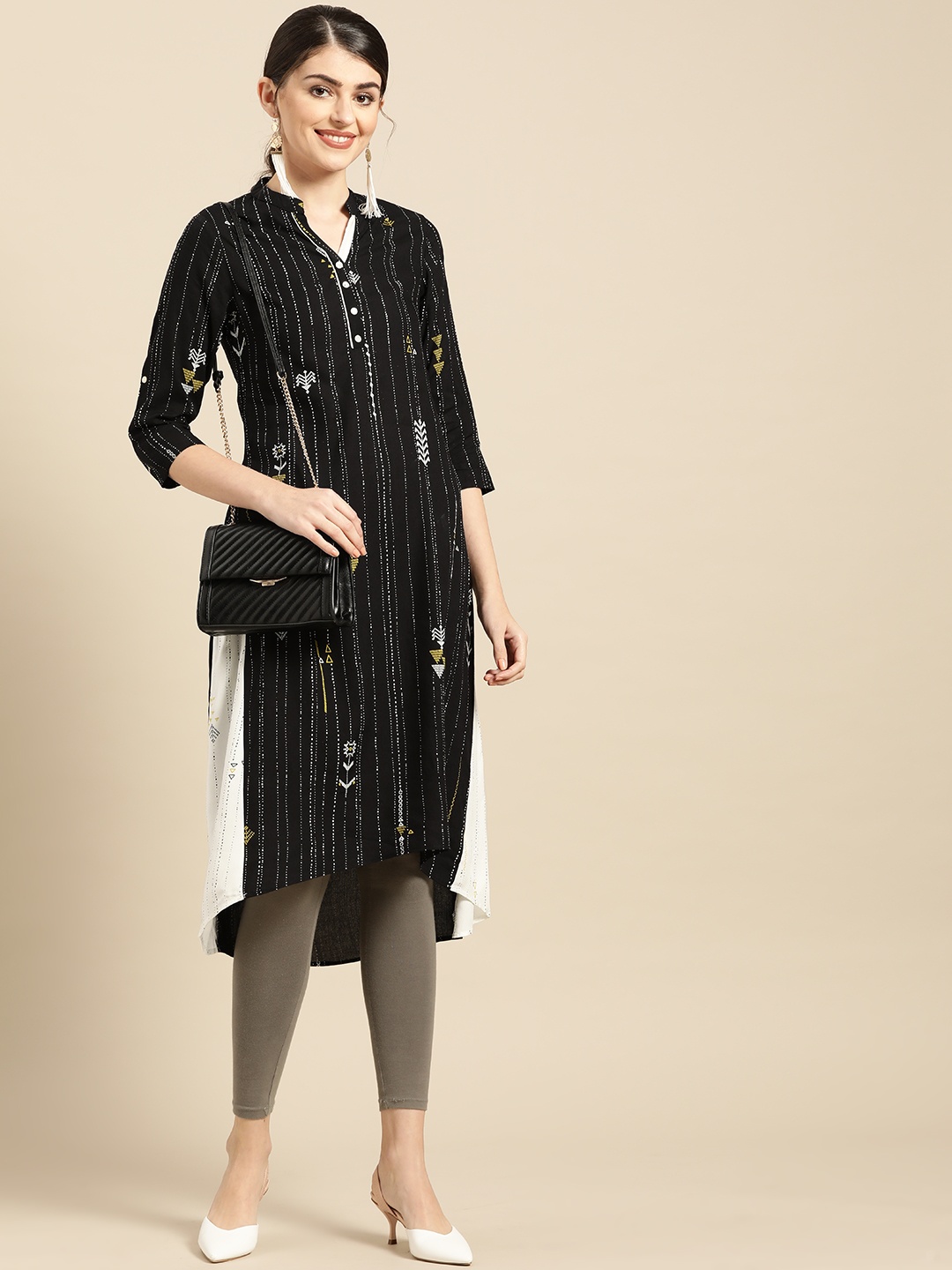 

IMARA Women Black & White Printed A-Line Kurta