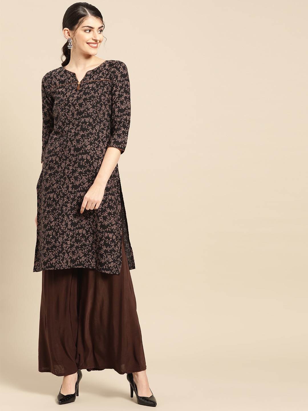 

IMARA Women Black & Beige Printed Straight Kurta