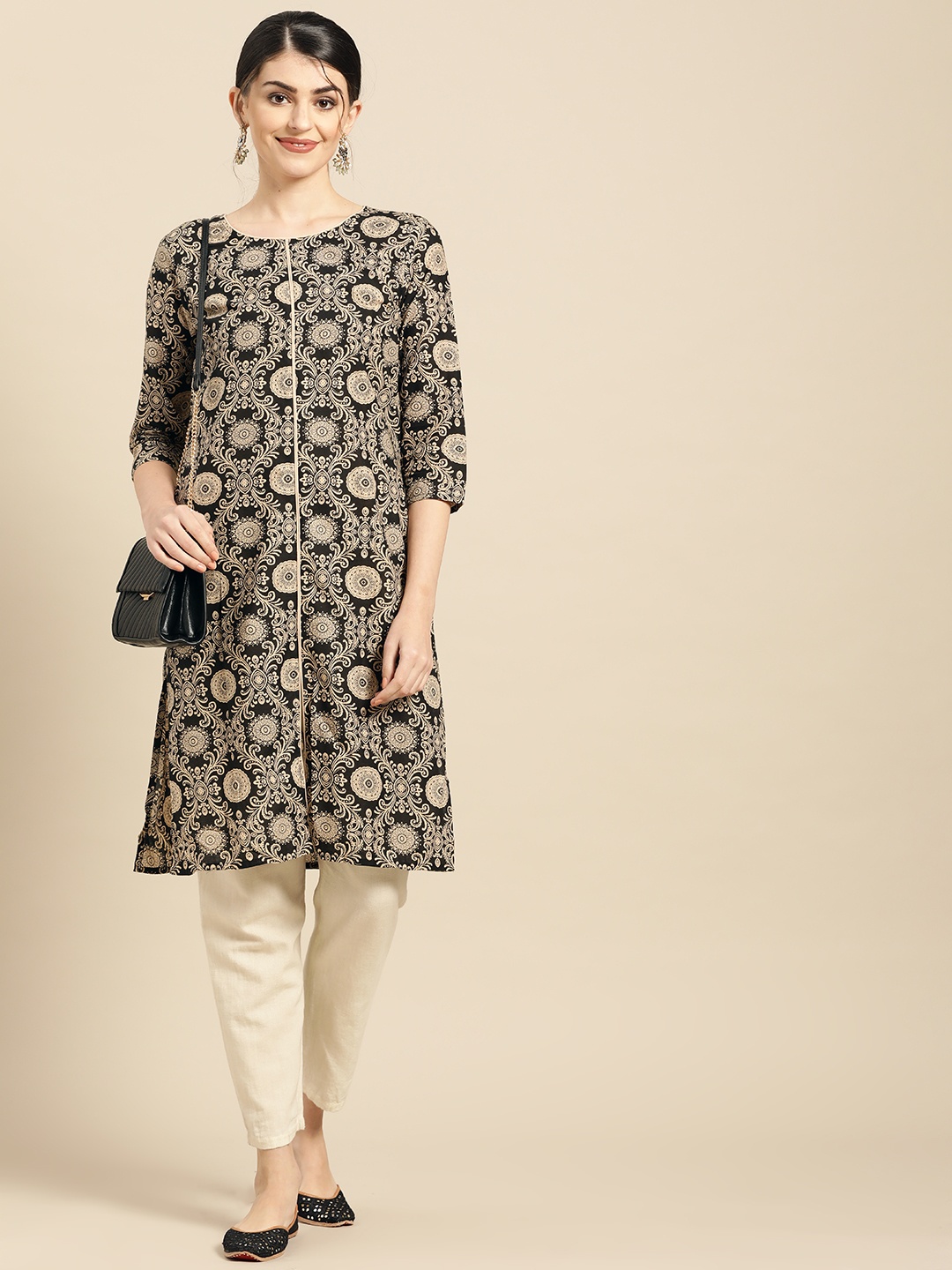 

IMARA Women Black & Beige Printed Straight Kurta