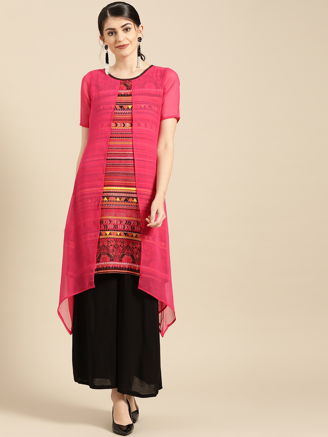 

IMARA Women Pink & Red Printed Layered Asymmetric A-Line Kurta