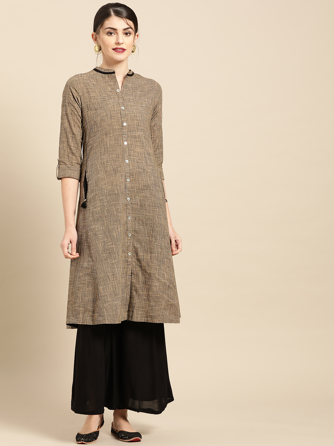

IMARA Women Brown & Black Self Checked A-Line Kurta