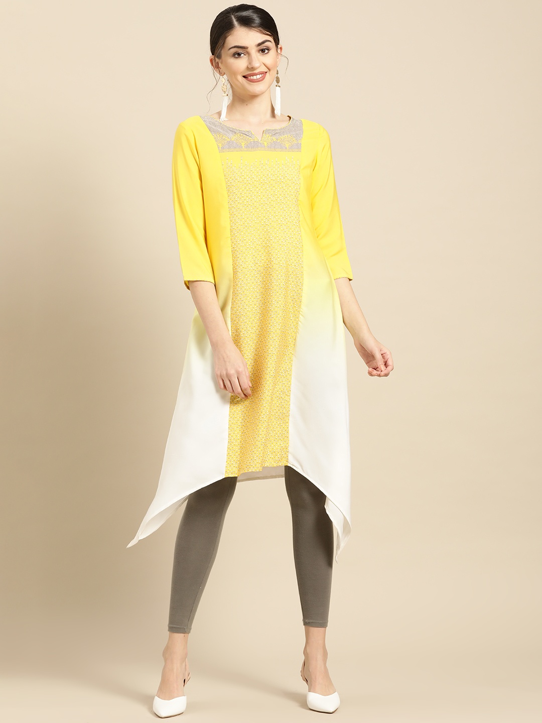 

IMARA Women Yellow & White Printed Asymmetric A-Line Kurta