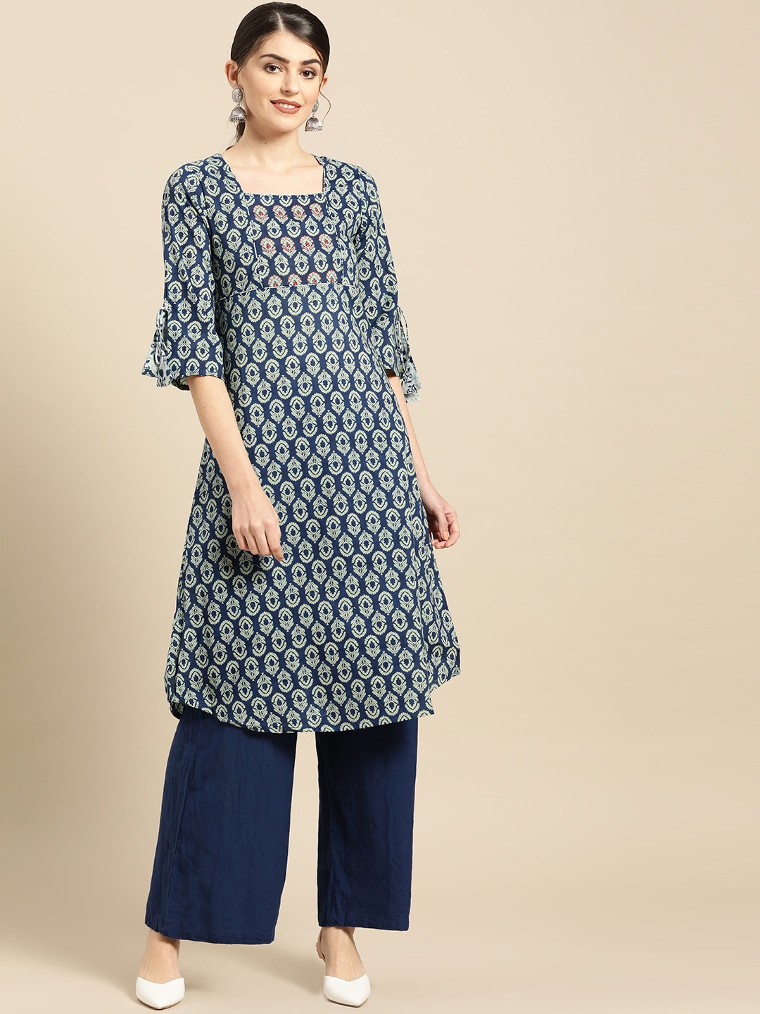 

IMARA Women Blue & Off-White Printed A-Line Kurta