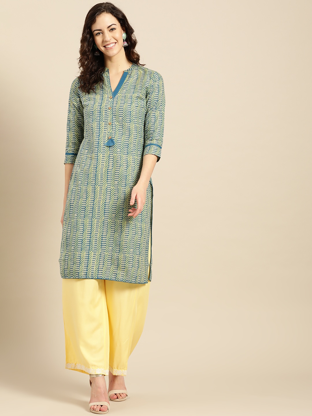 

IMARA Women Blue & Yellow Printed Straight Kurta