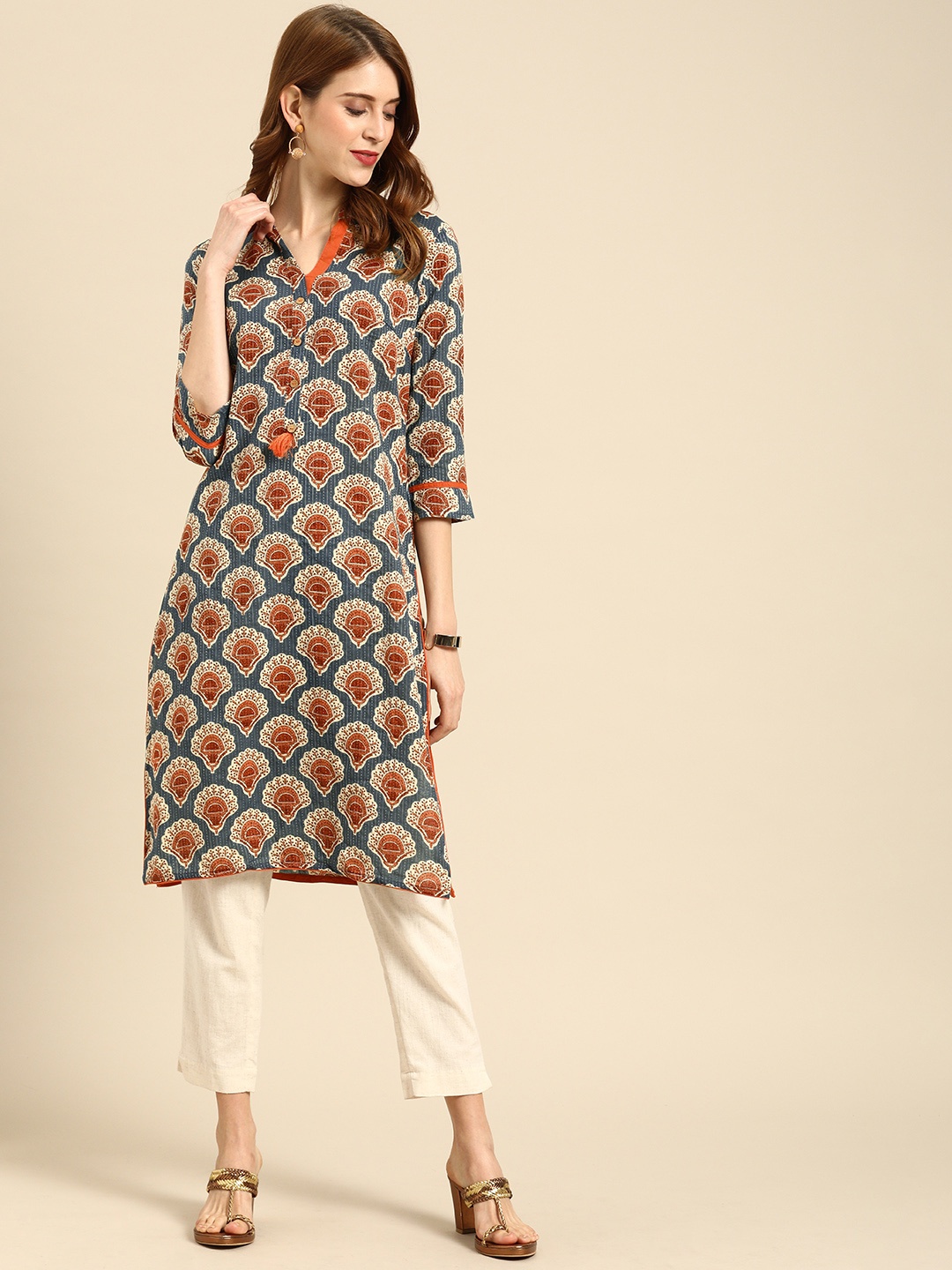 

IMARA Women Navy Blue & Rust Orange Printed Straight Kurta