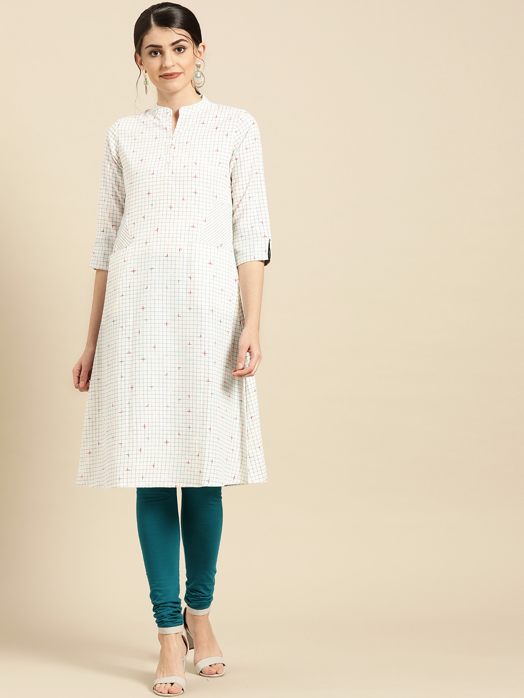 

IMARA Women White & Grey Checked A-Line Kurta