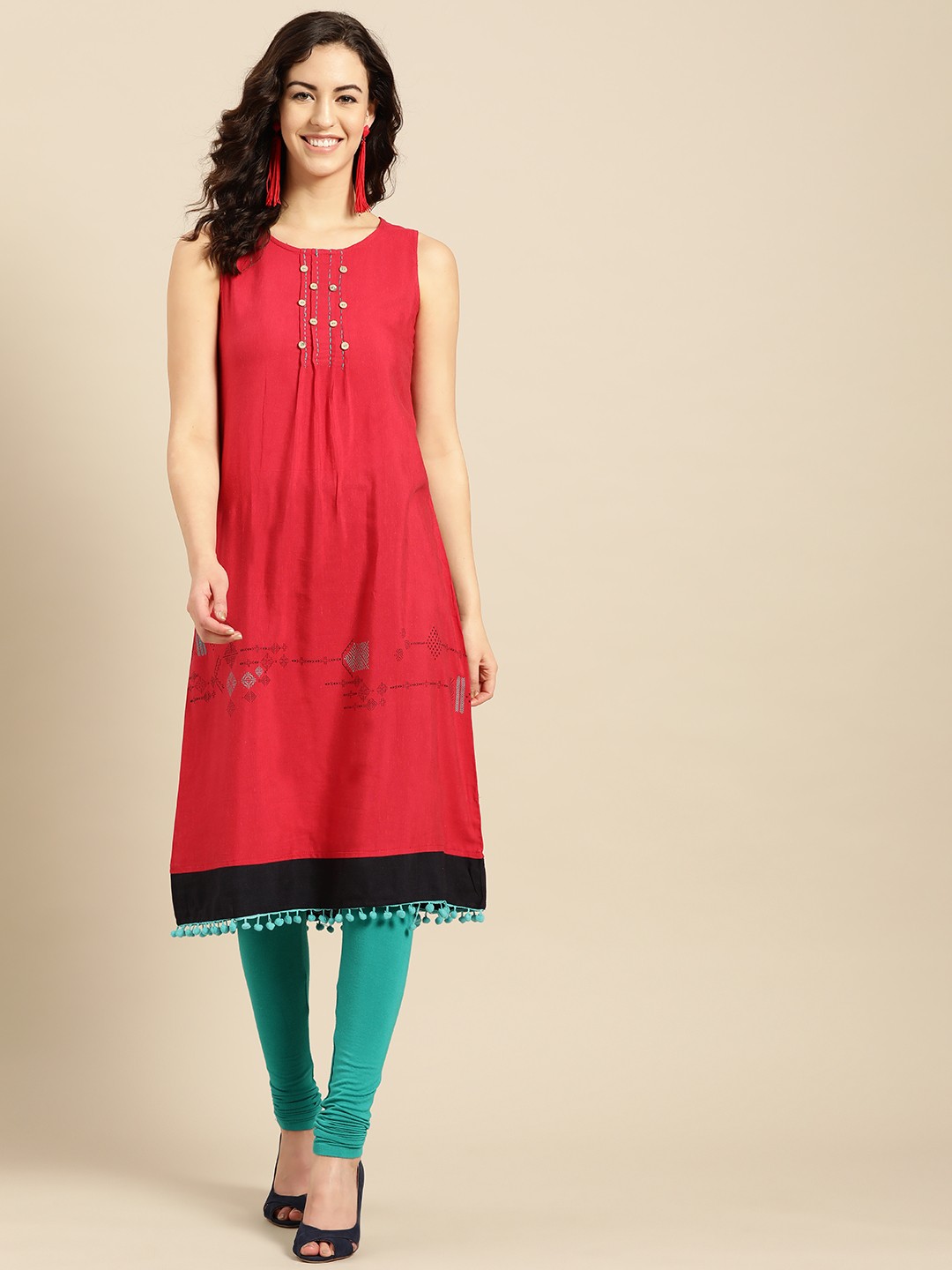 

IMARA Women Red Solid A-Line Kurta