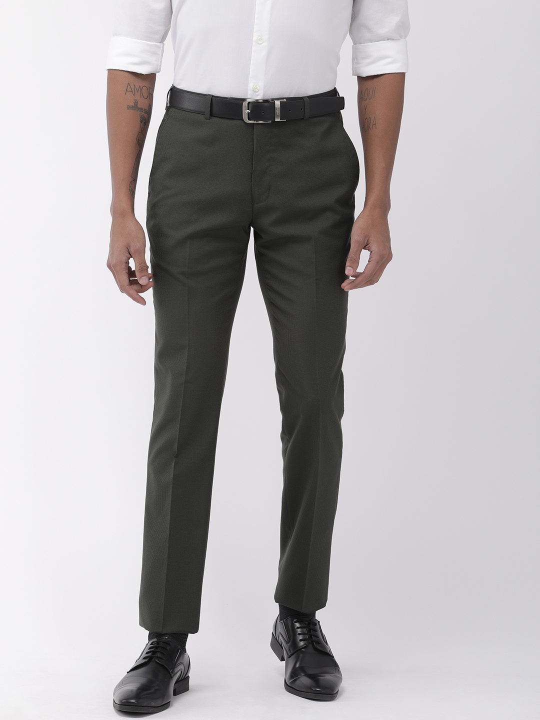 

Raymond Men Black & Green Slim Fit Checked Formal Trousers