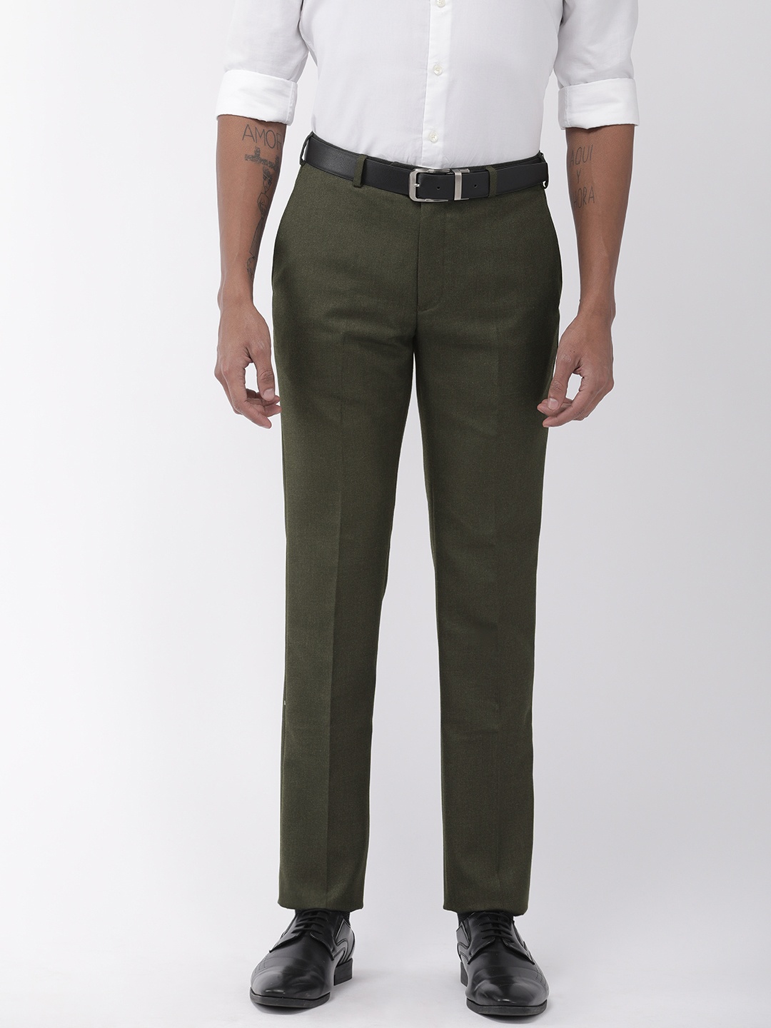 

Raymond Men Olive Green Slim Fit Solid Formal Trousers