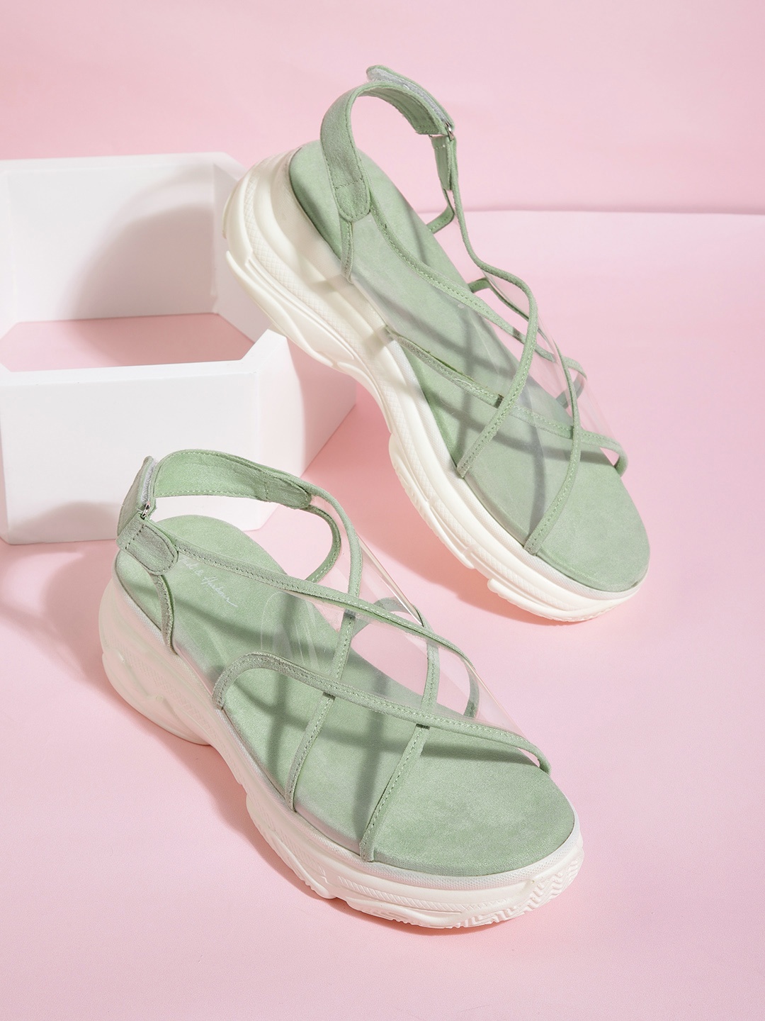 

Mast & Harbour Women Green & Transparent Solid Flatform Heels