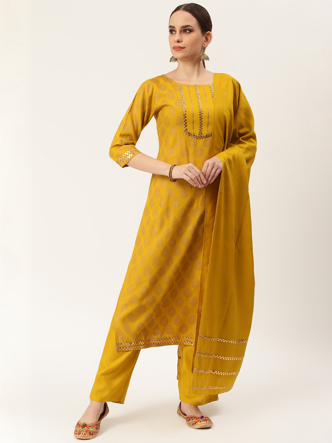 

Rustorange Women Mustard & Gold-Toned Printed Kurta with Trousers & Dupatta