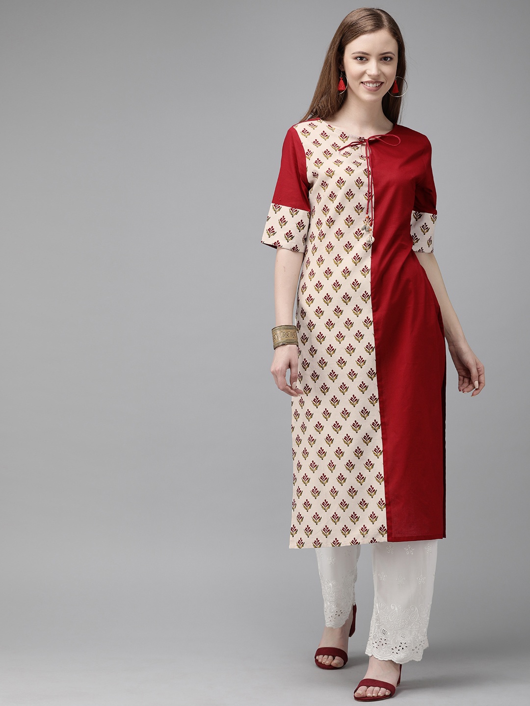 

Anouk Women Maroon & Off-White Colourblocked Straight Kurta