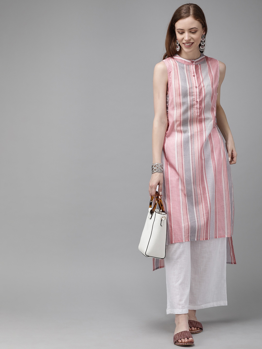 

Anouk Women Pink & Blue Striped Straight Kurta