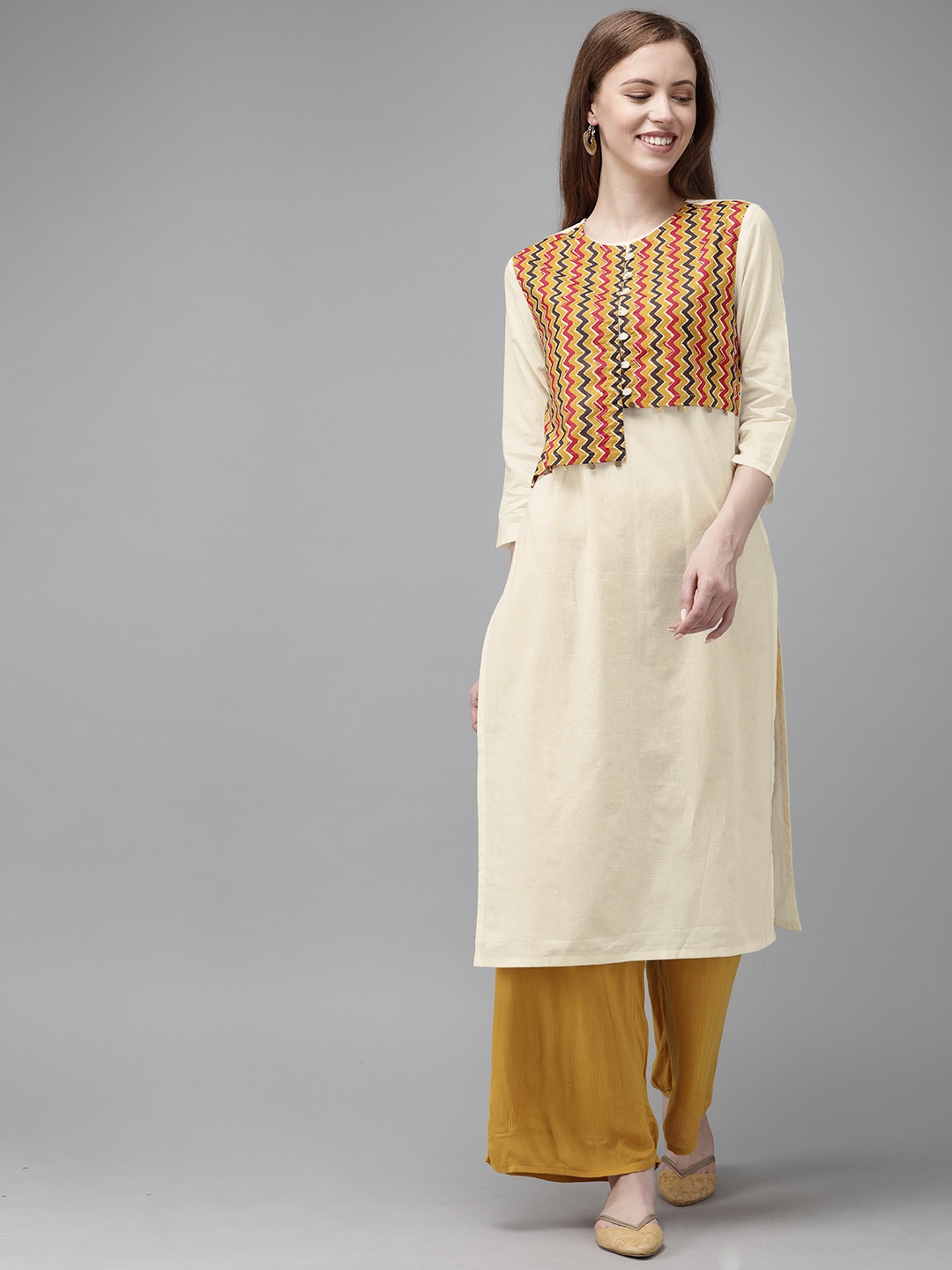 

Anouk Women Off-White & Mustard Brown Printed Straight Layered Kurta