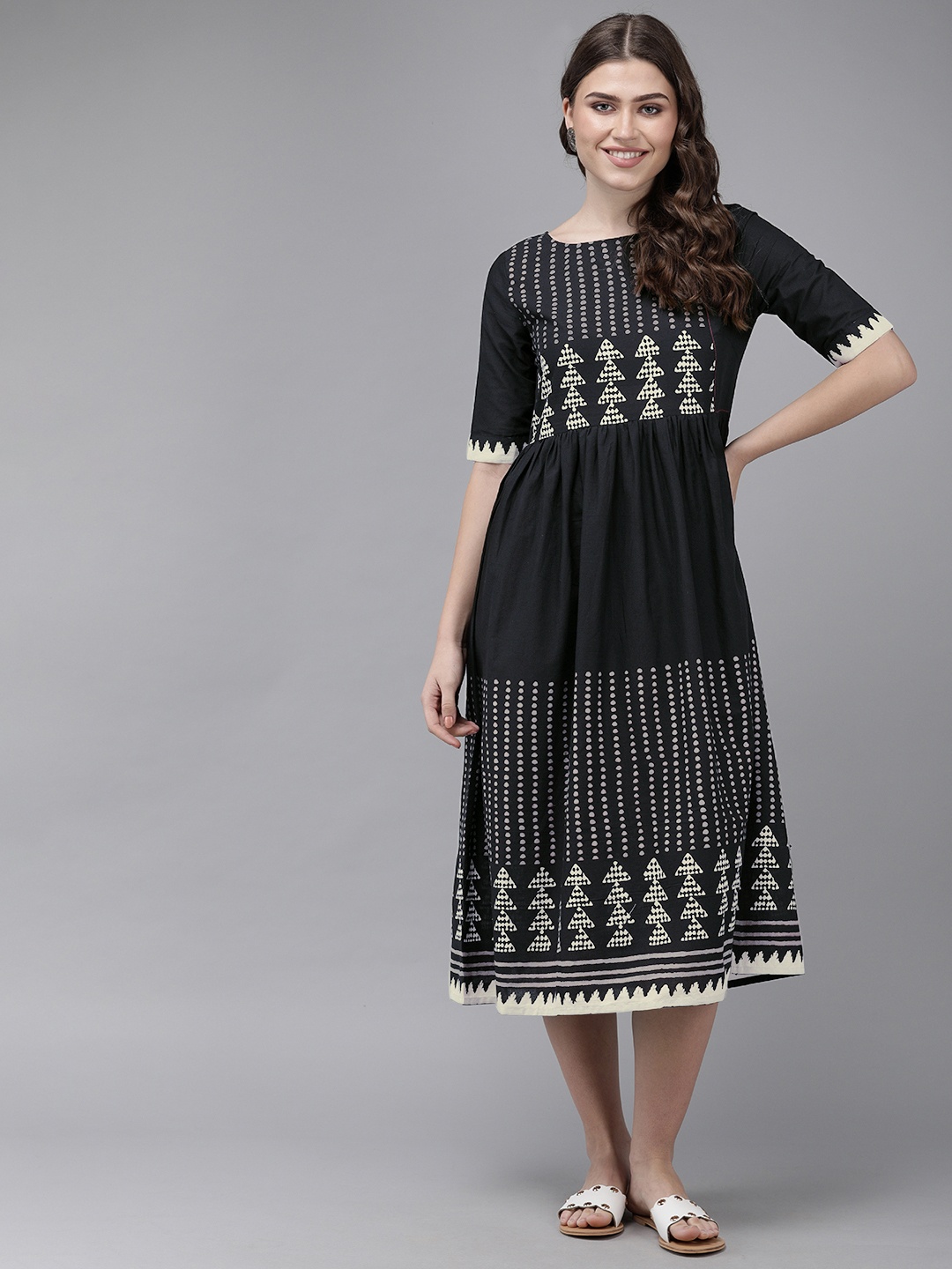 

Anouk Women Black & Off-White Printed Fit and Flare Dress