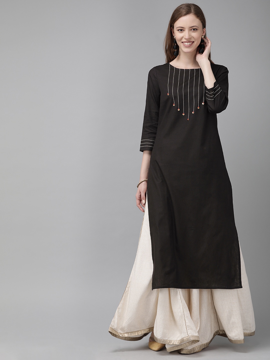 

Anouk Women Black Yoke Design Straight Kurta