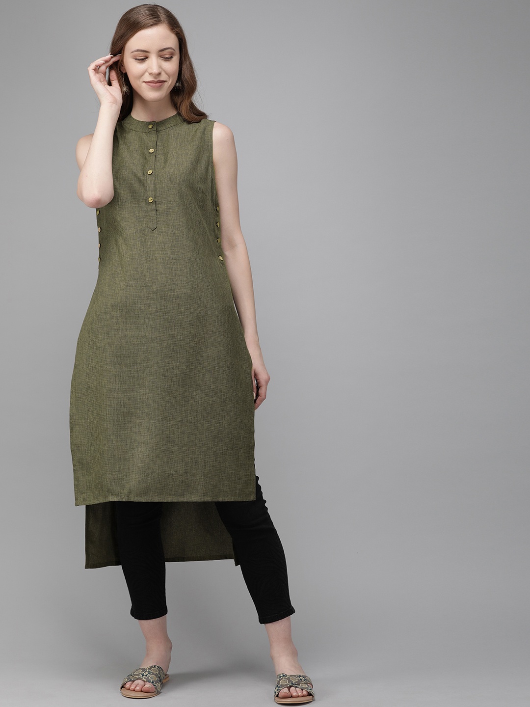 

Anouk Women Olive Green Solid Straight High-Low Kurta