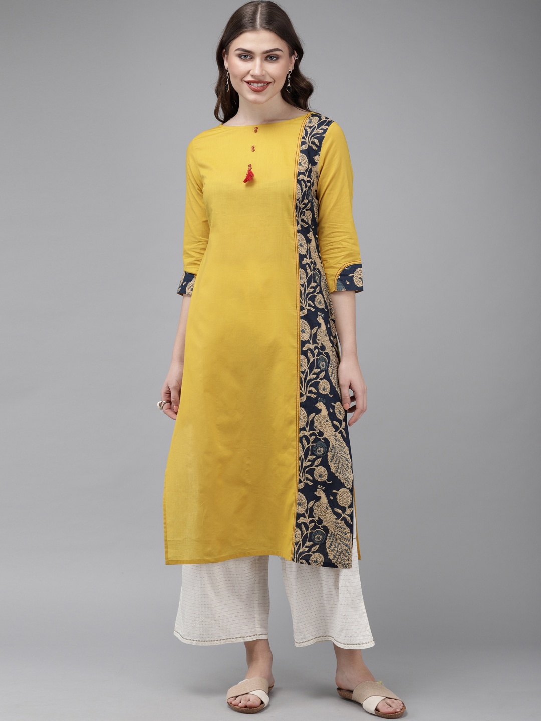 

Anouk Women Mustard Yellow & Navy Blue Solid Straight Kurta with Printed Detailing