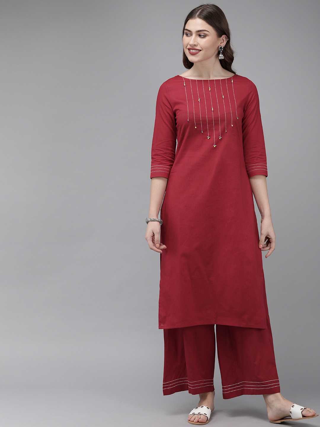 

Anouk Women Maroon Solid Kurta with Palazzos & Embroidered Detailing