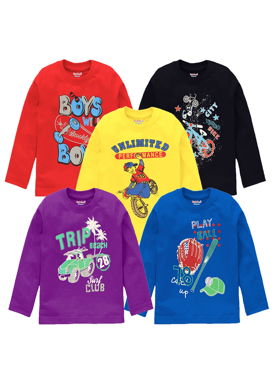 

Kiddeo Boys Pack of 5 Printed Round Neck Pure Cotton T-shirt, Multi