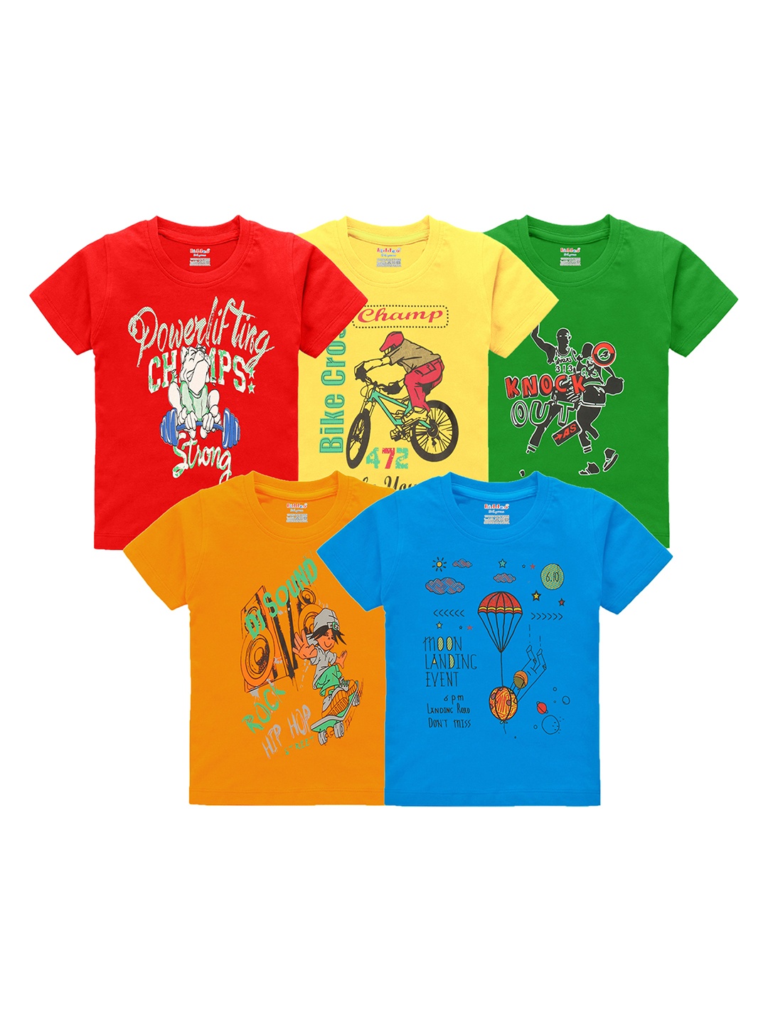 

Kiddeo Boys Pack of 5 Printed Round Neck Pure Cotton T-shirt, Multi