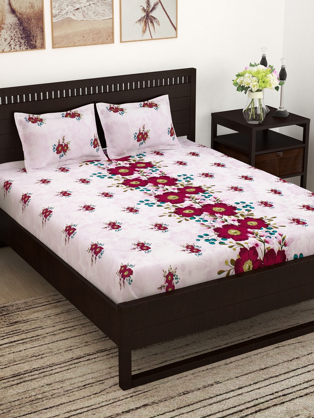 

Story@home Pink & White Floral 152 TC Cotton 1 Queen Bedsheet with 2 Pillow Covers