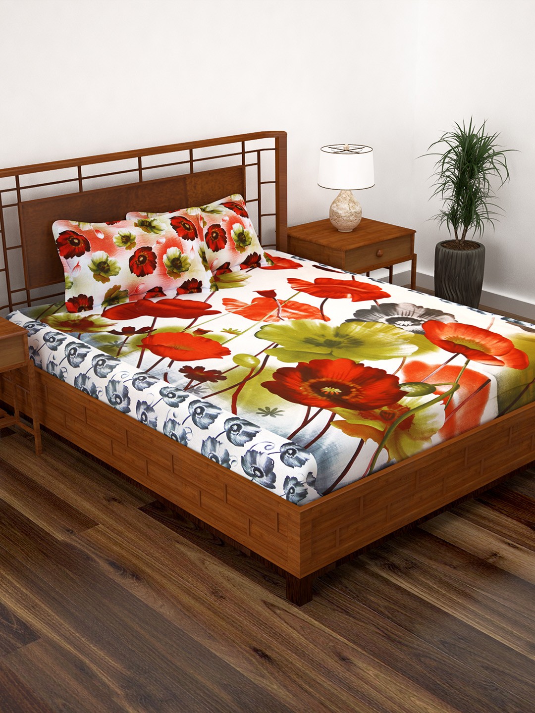 

Story@home White & Red Floral 186 TC Cotton 1 Double Bedsheet with 2 Pillow Covers