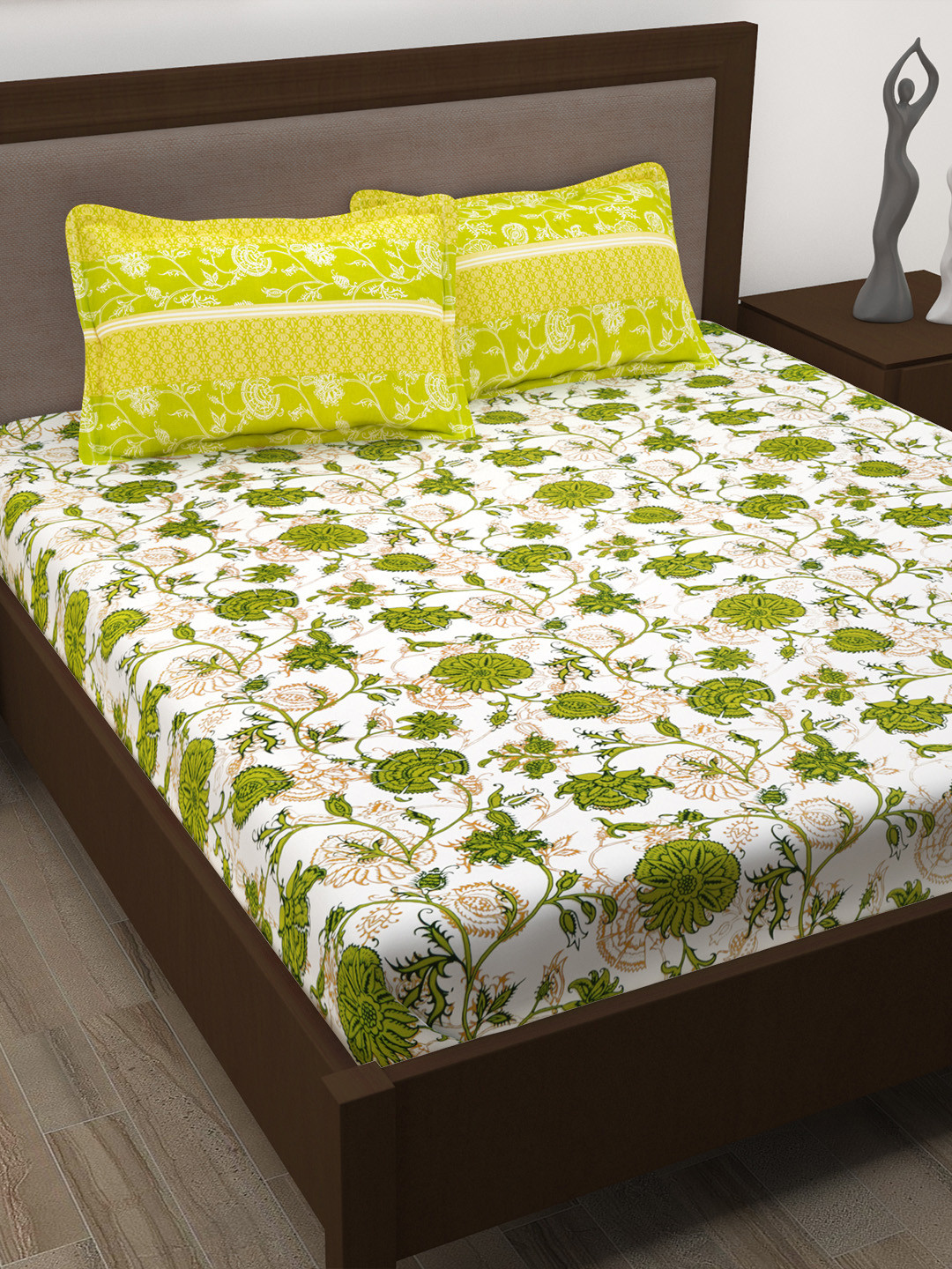

Story@home Green & Beige Floral 186 TC Cotton Double Queen Bedsheet with 2 Pillow Covers