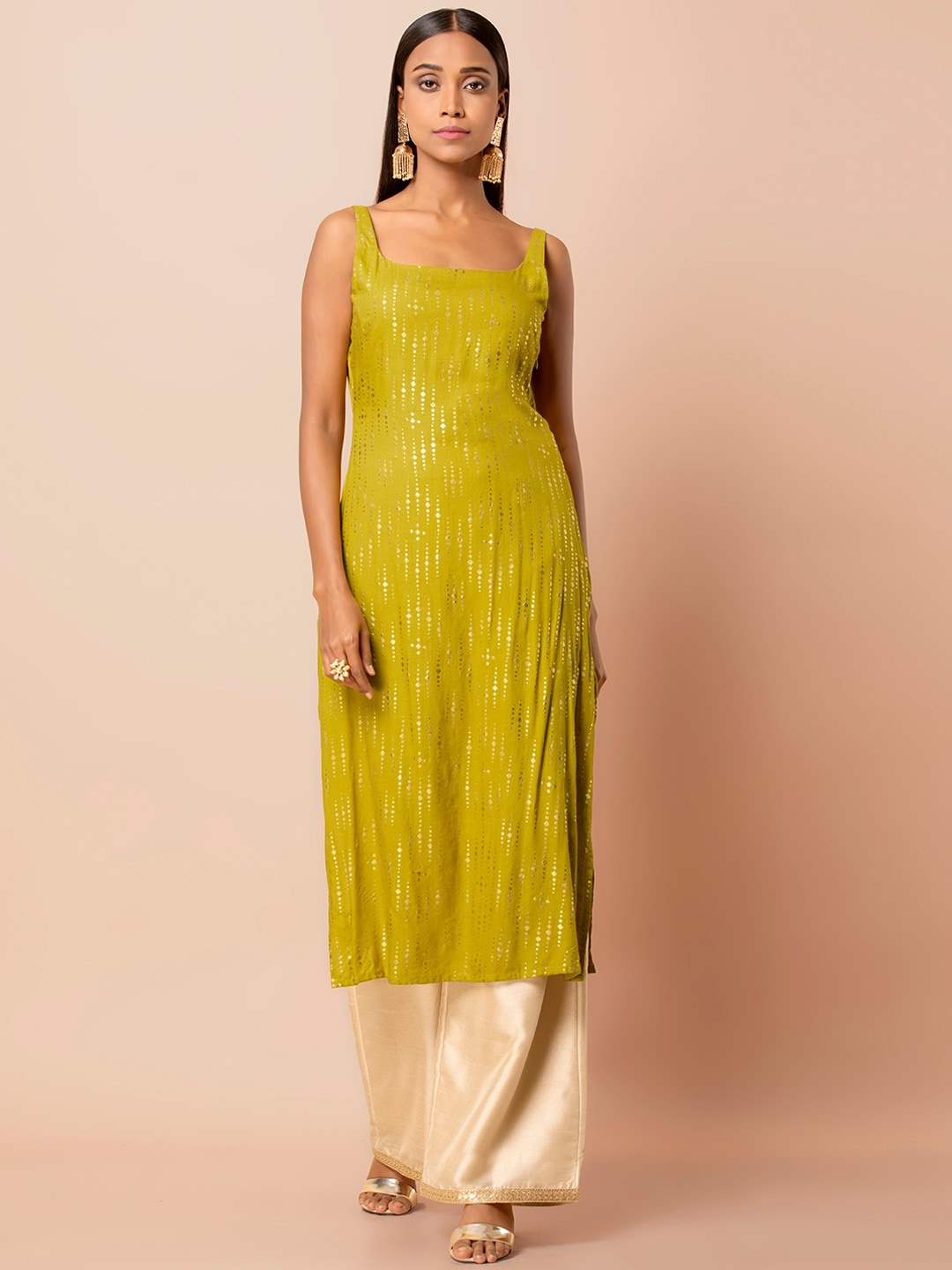 

INDYA Women Green Foil Print Straight Kurta