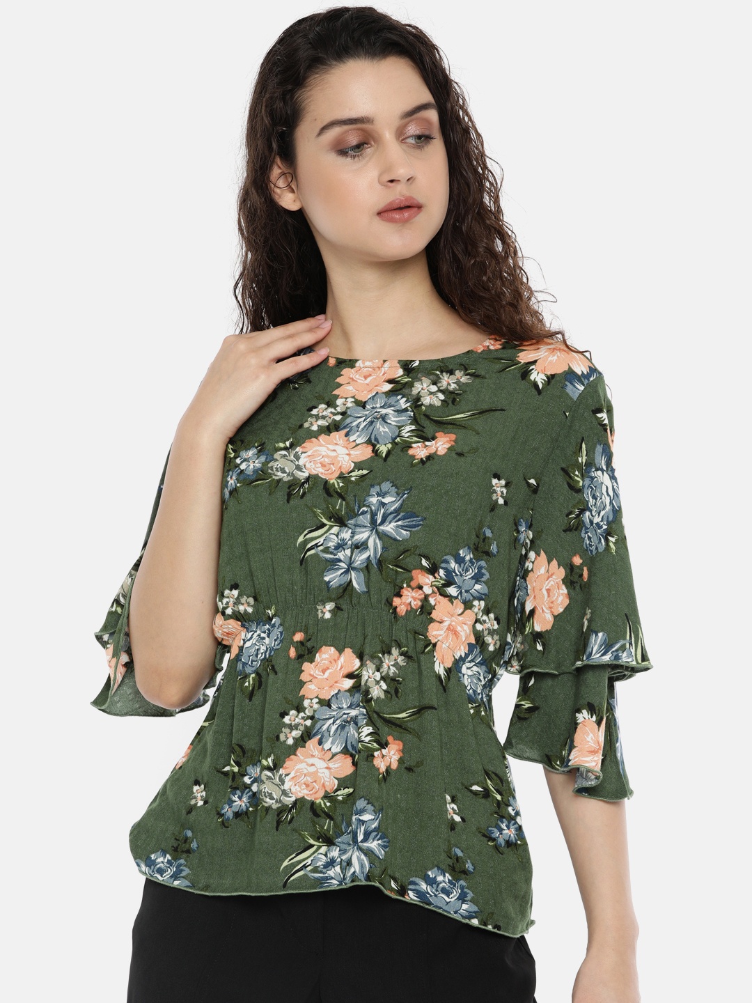 

ONLY Women Olive Green Printed Cinched Waist Top