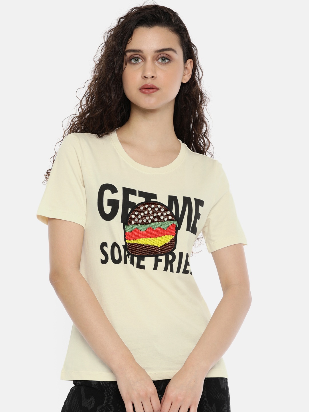 

ONLY Women Cream-Coloured Printed Embellished Round Neck Pure Cotton T-shirt