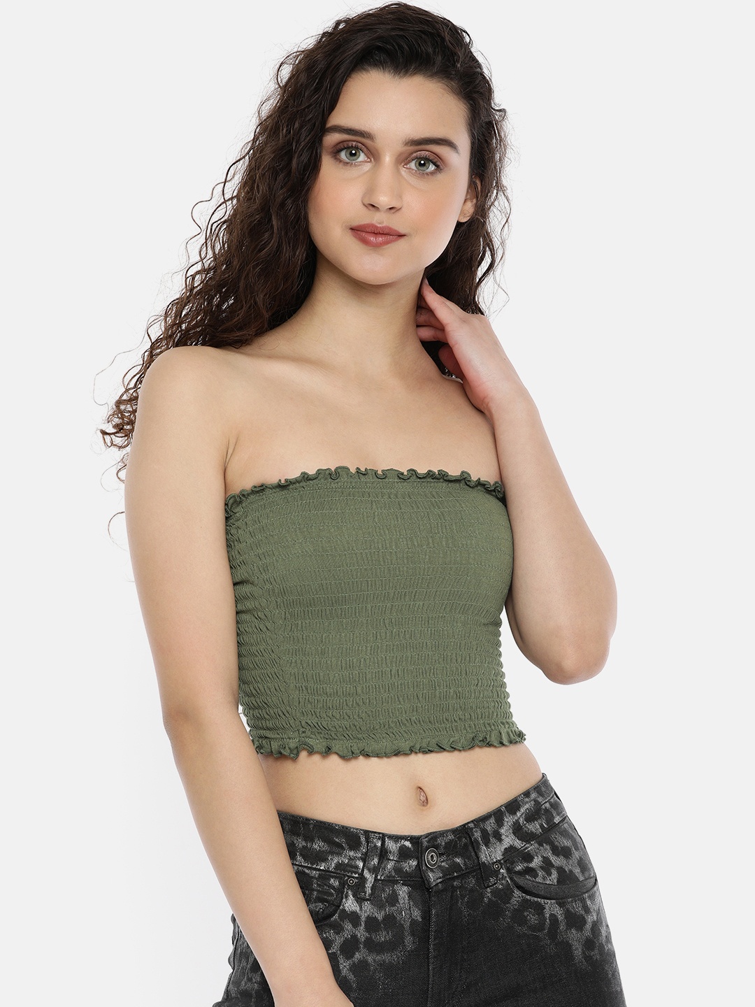 

ONLY Women Olive Green Self Design Crop Tube Top