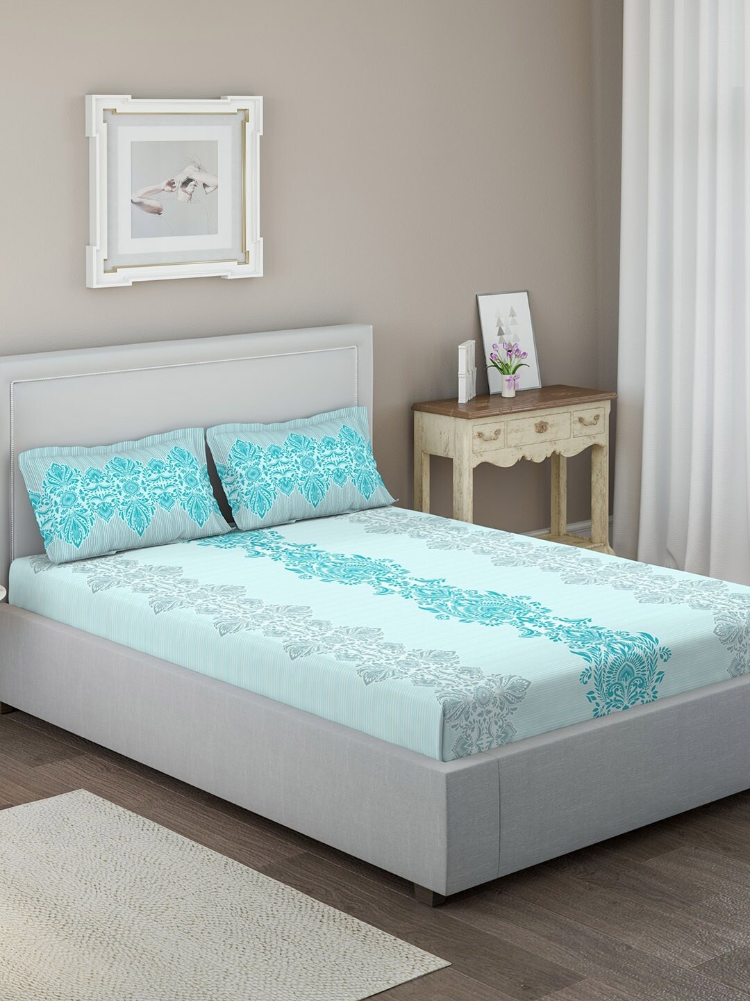 

DDecor Turquoise Blue Ethnic Motifs 144 TC Cotton 1 Queen Bedsheet with 2 Pillow Covers