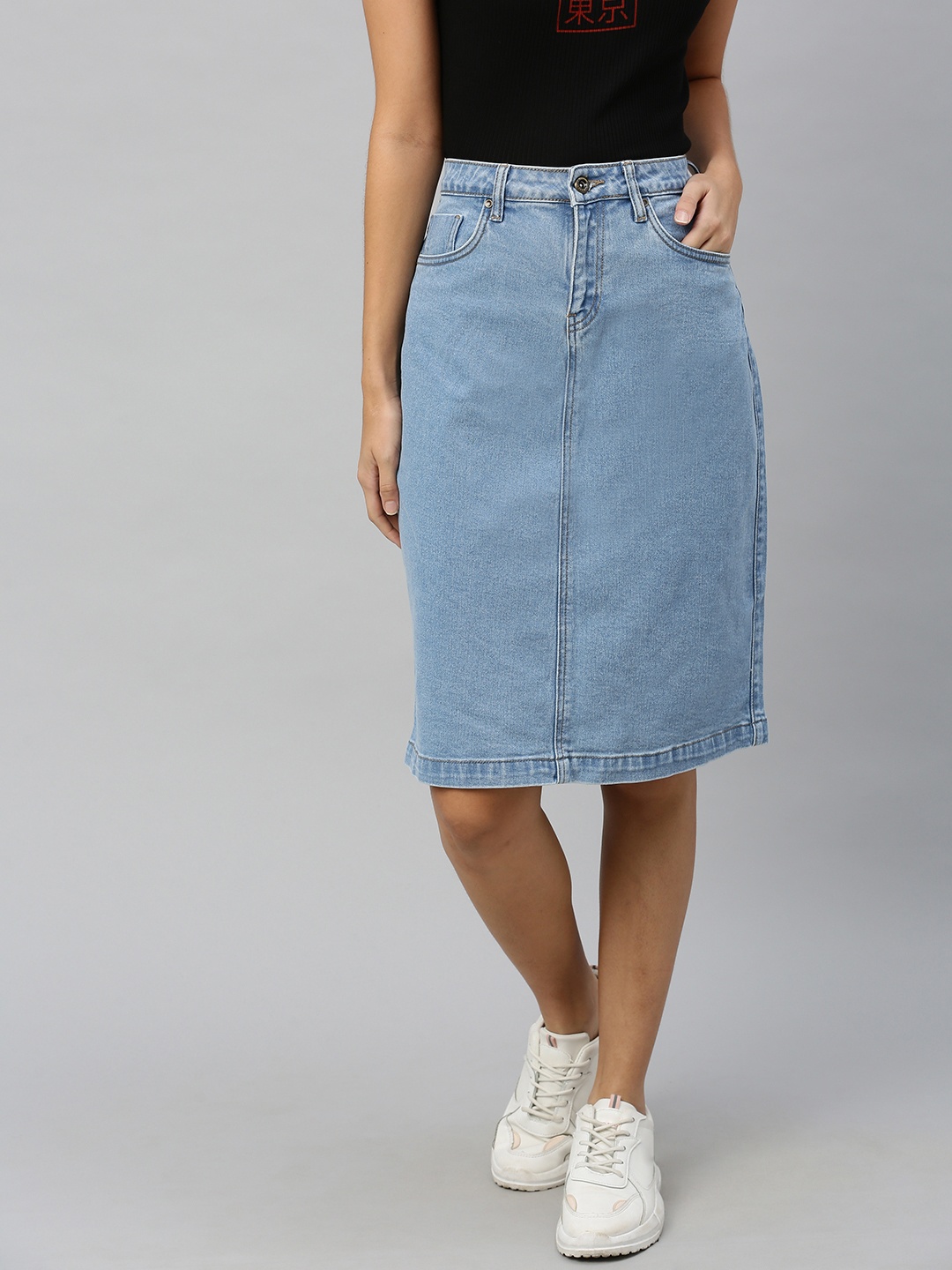 

Roadster Women Blue Solid Straight Denim Skirt