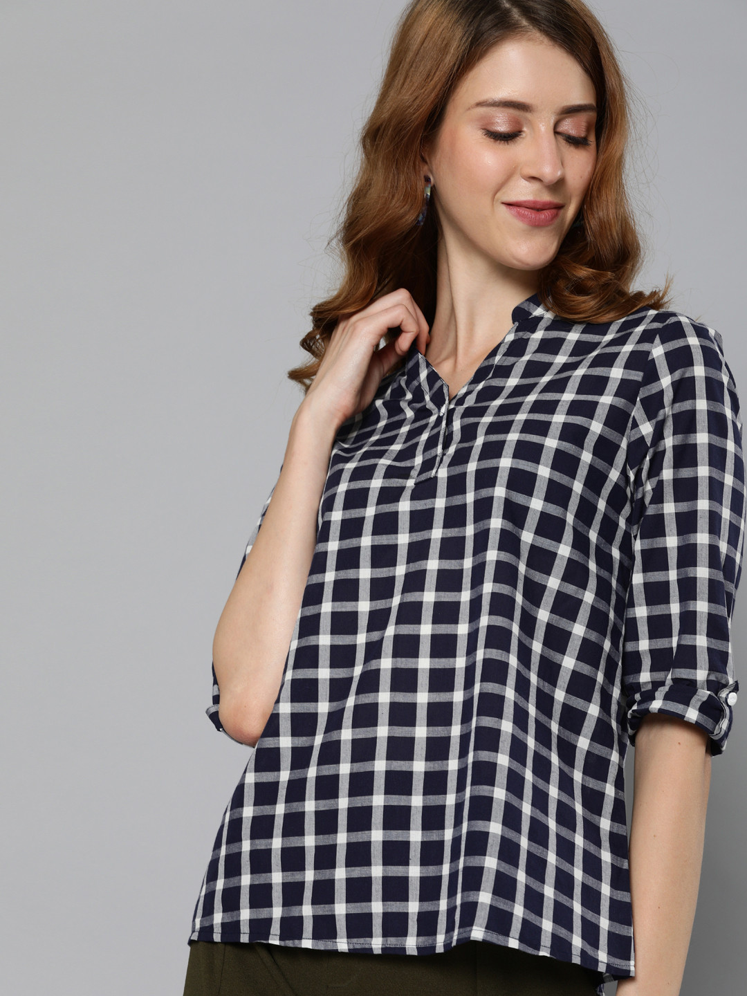 

HERE&NOW Women Navy Blue & White Checked Pure Cotton Top