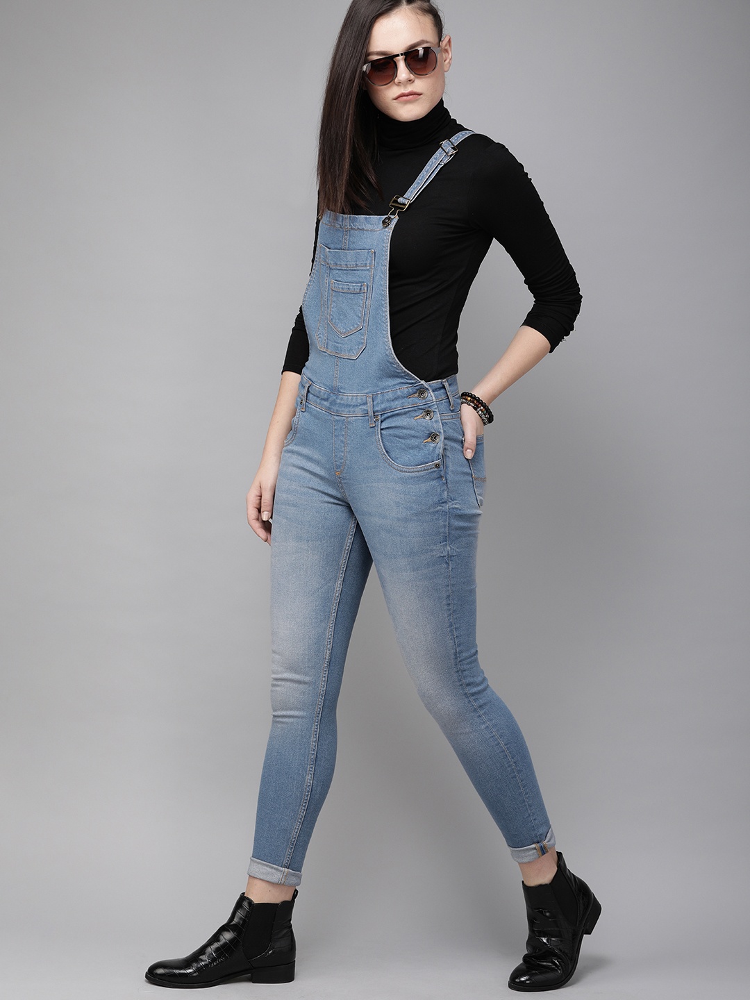 

Roadster Women Blue Skinny Fit Washed Light Fade Denim Dungarees