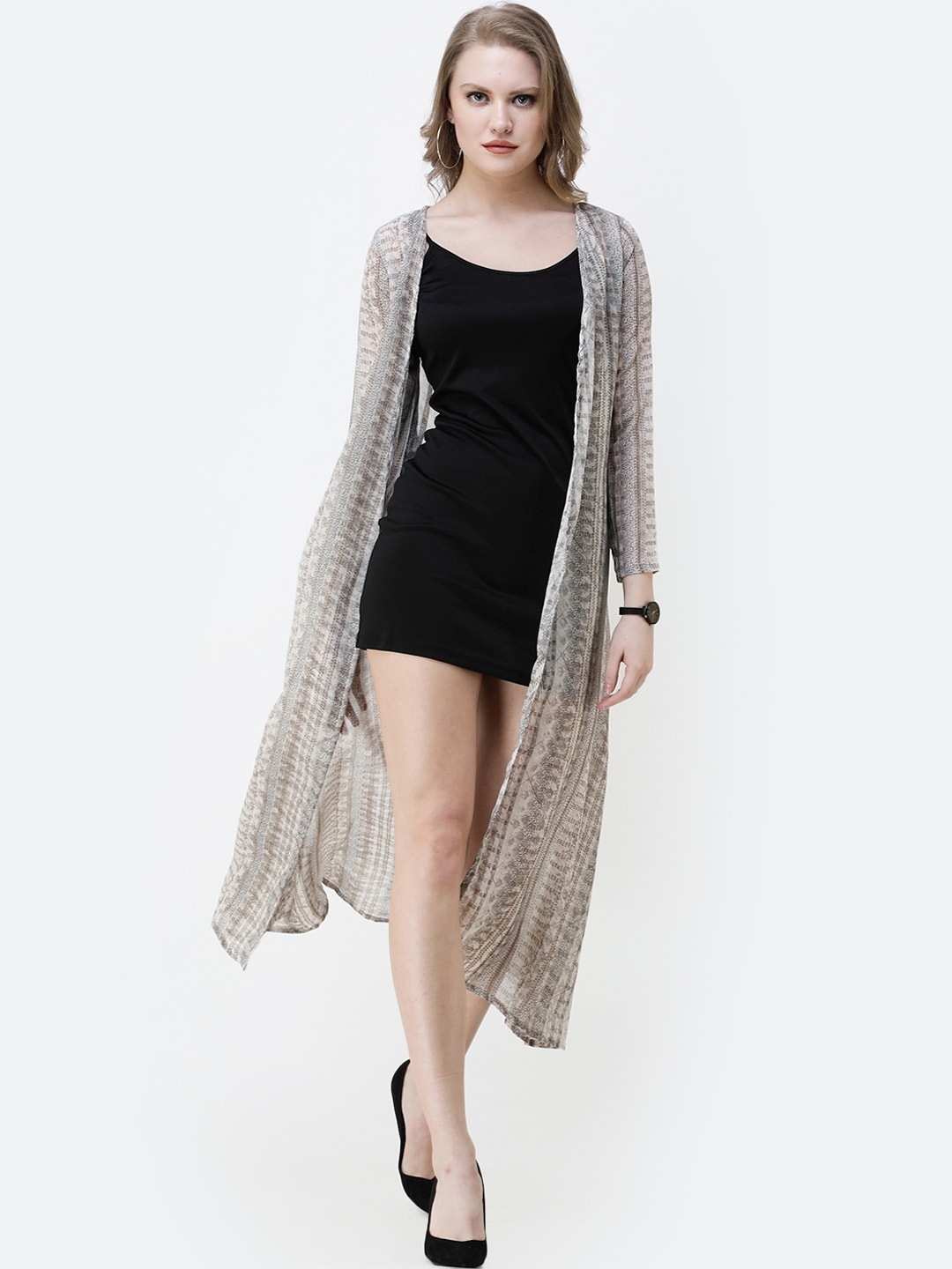 

SCORPIUS Women Off-White & Grey Printed Open Front Shrug