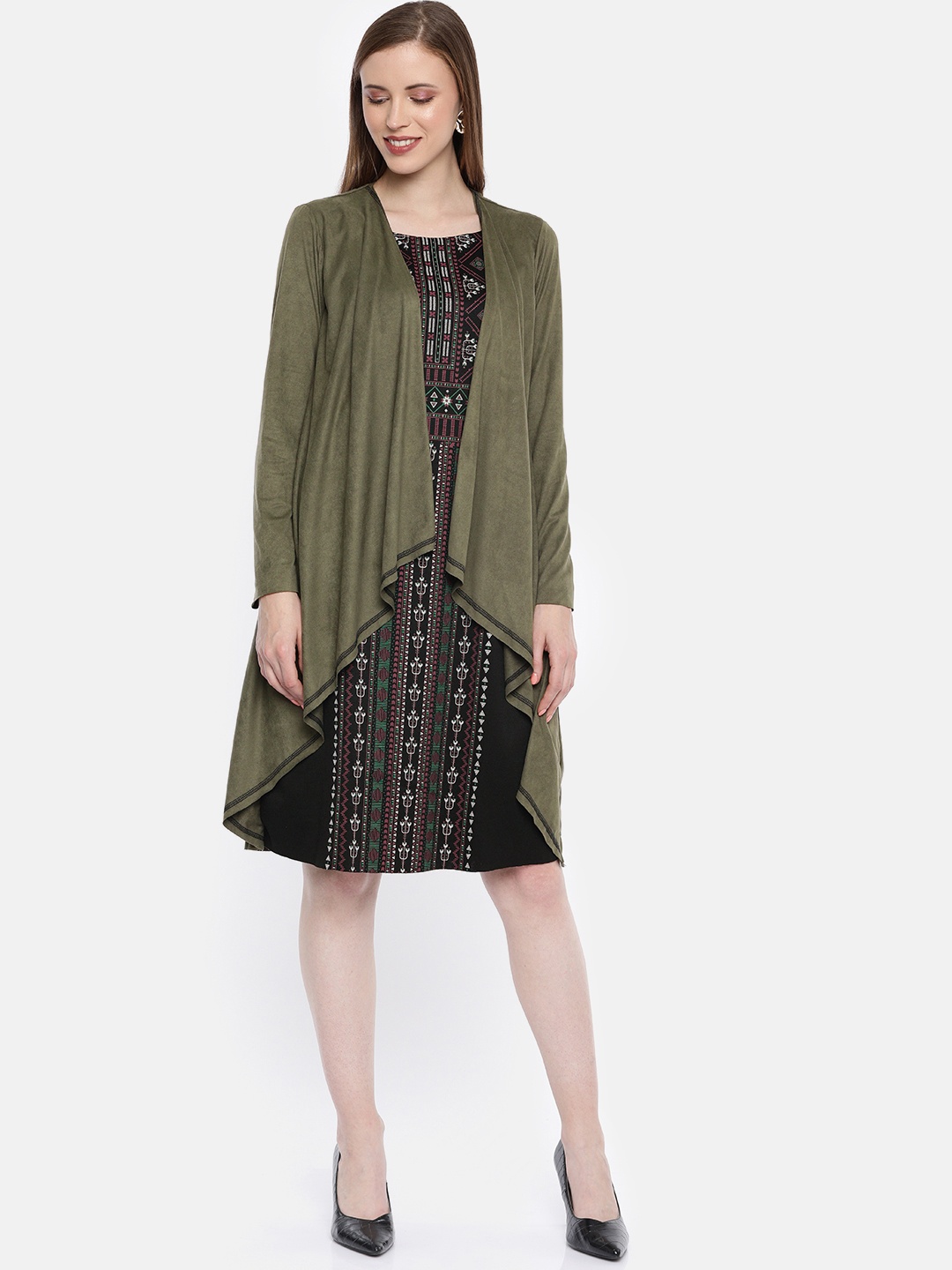 

Global Desi Women Olive Green & Black Printed Sheath Dress With Shrug Detailing