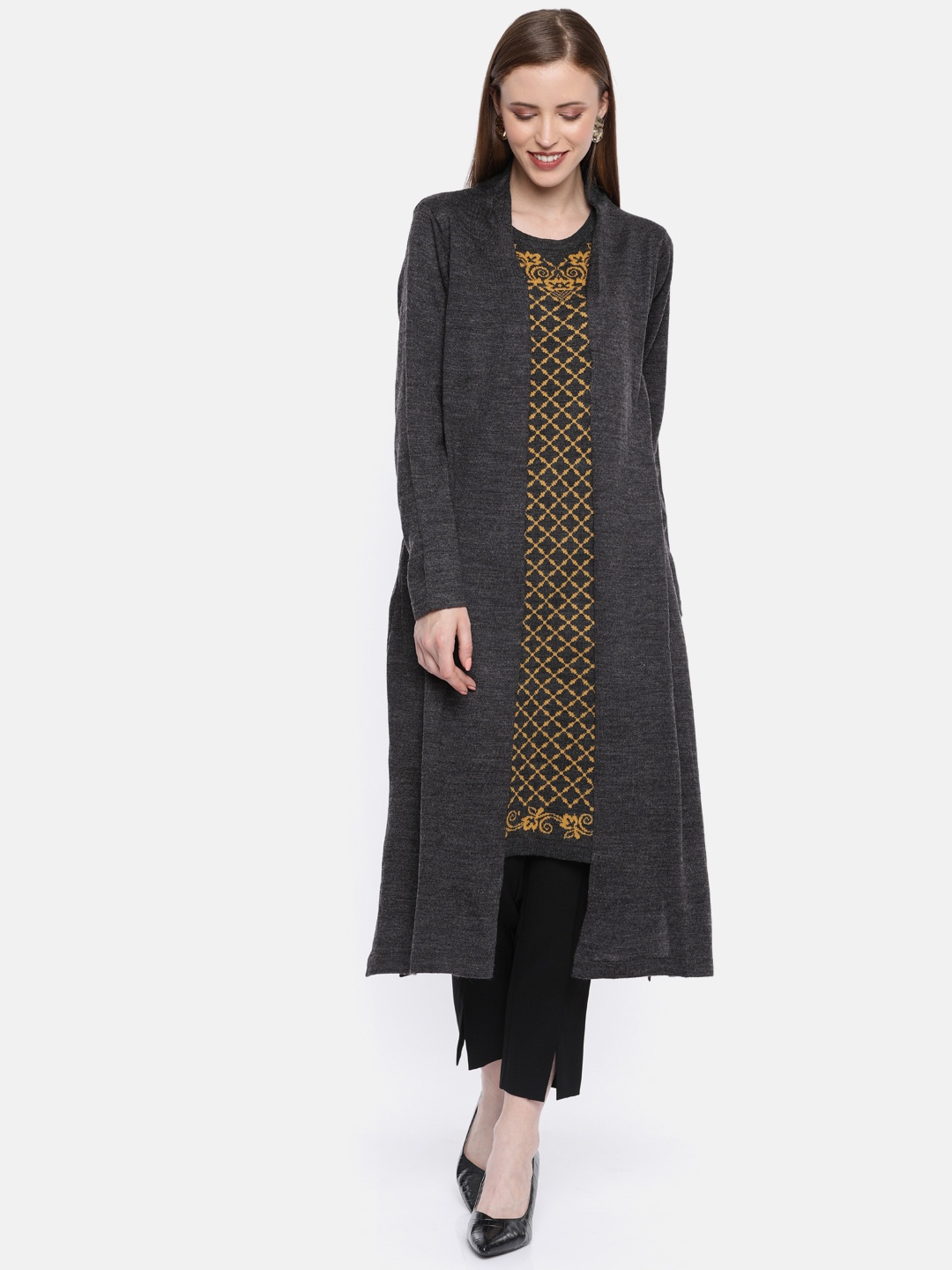 

Global Desi Women Grey & Mustard Yellow Woven Design A-Line Layered Sweater Kurta