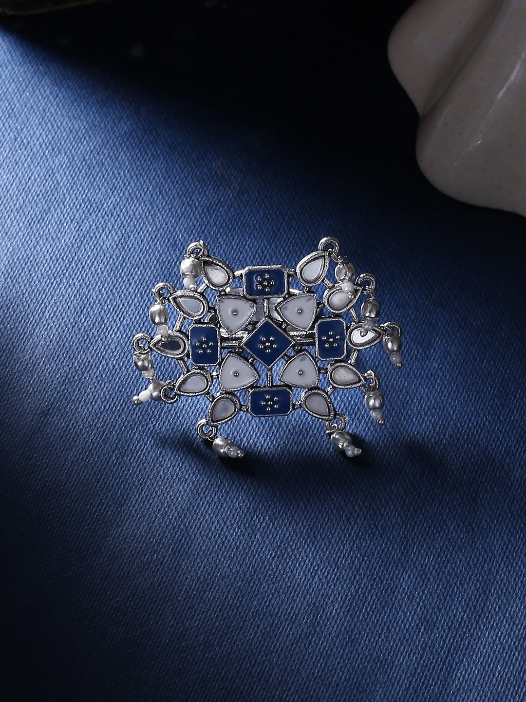 

Voylla Silver-Plated & Blue Enamelled Oxidized Finger Ring