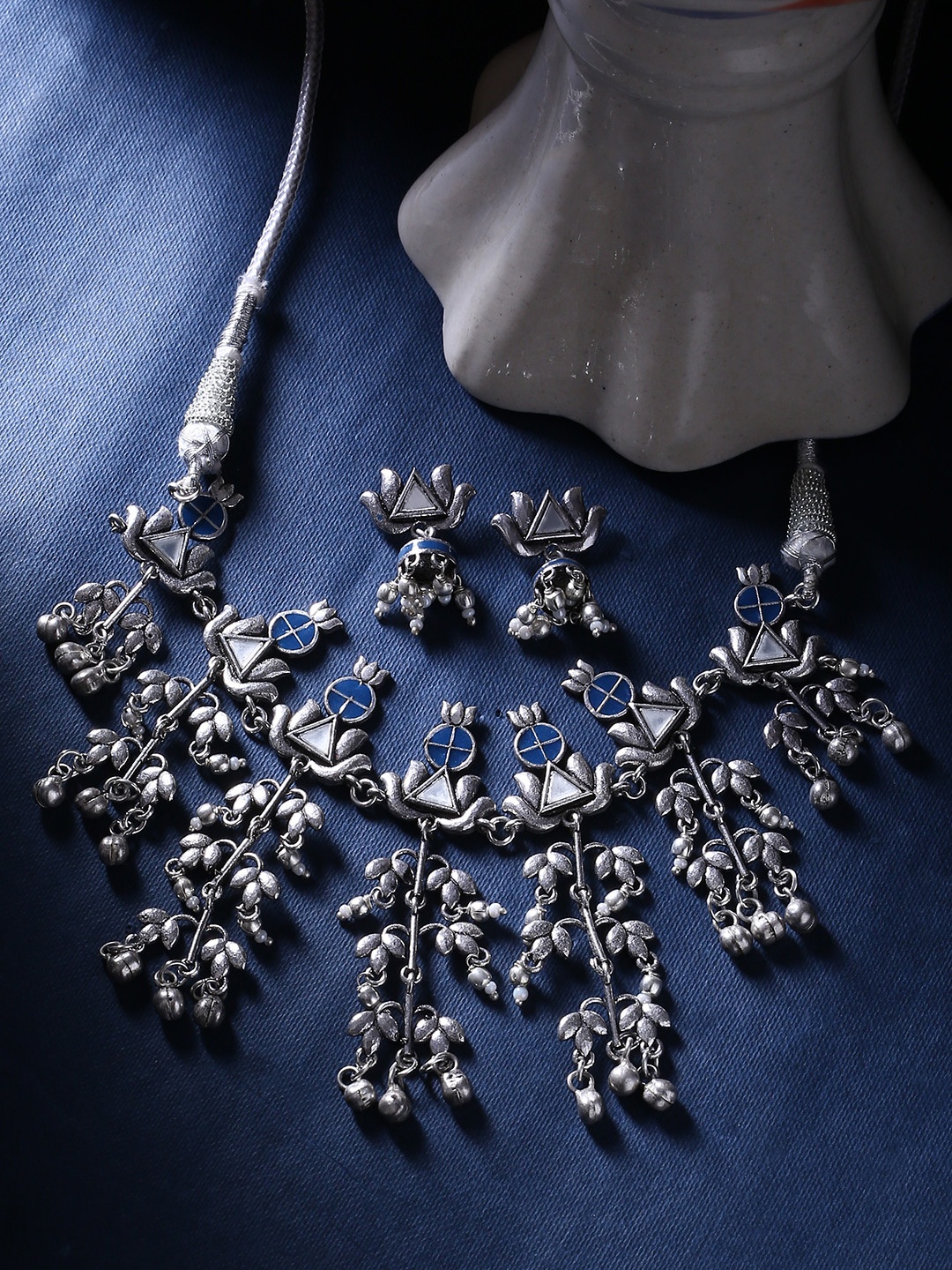 

Voylla Silver-Plated & Blue Enamelled Oxidised Jewellery Set