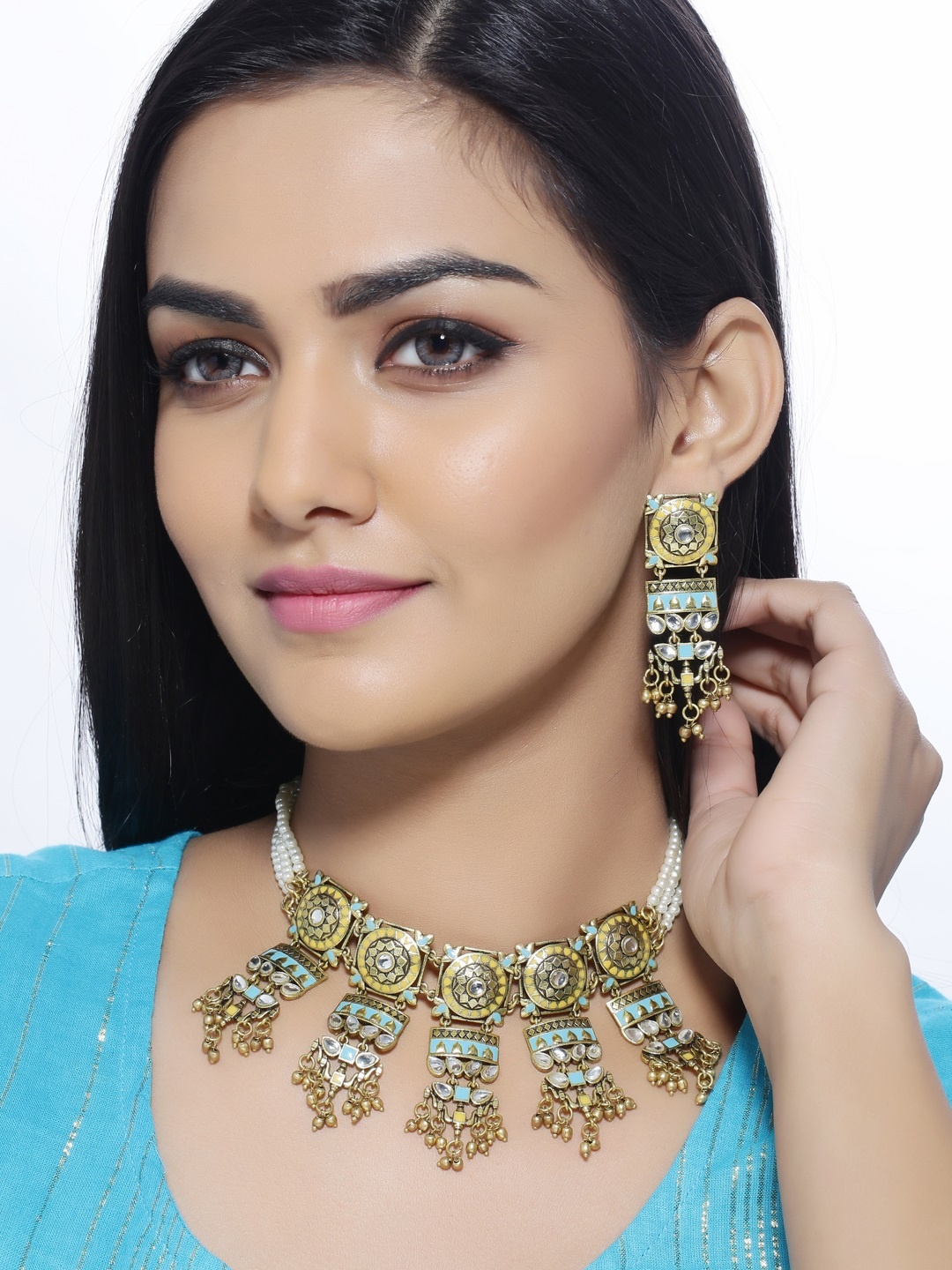 

Voylla Gold-Plated & Turquoise Blue Enamelled Stone-Studded Oxidised Jewellery Set