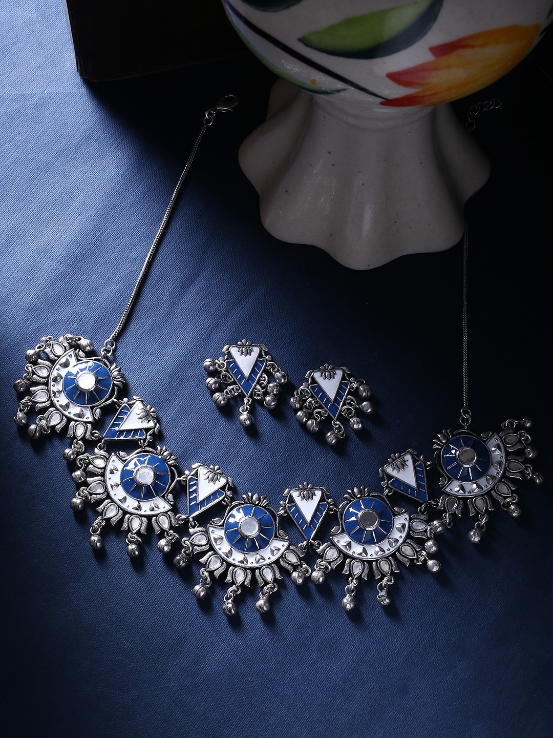 

Voylla Silver-Plated & Blue Enamelled OxidisedJewellery Set