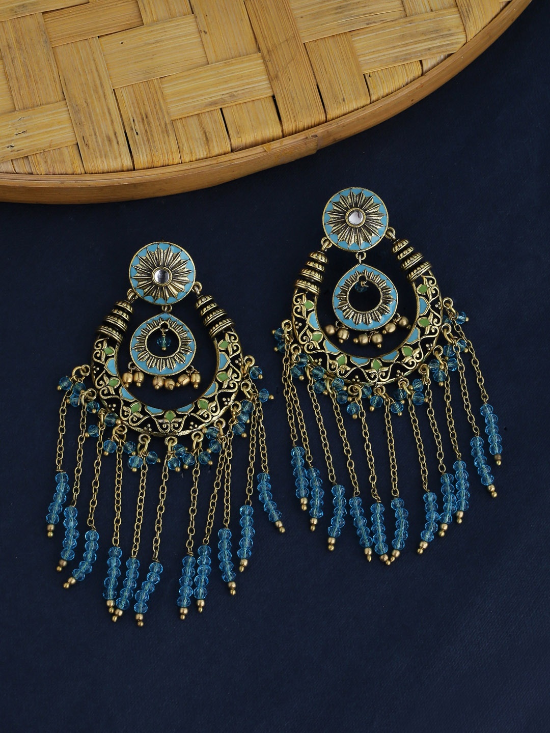 

Voylla Gold-Toned & Blue Oxidised Gold Plated Drop Earrings